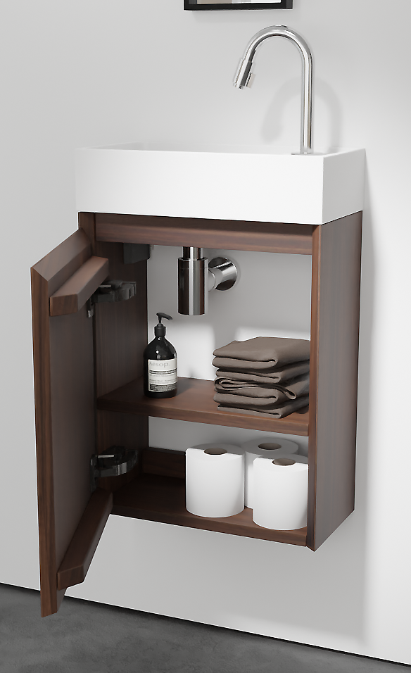 Balmani Mitra hängendes WC-Möbel-Set, 42 x 21 cm, amerikanischer Nussbaum, mit Dama Waschtisch in mattem Solid Surface