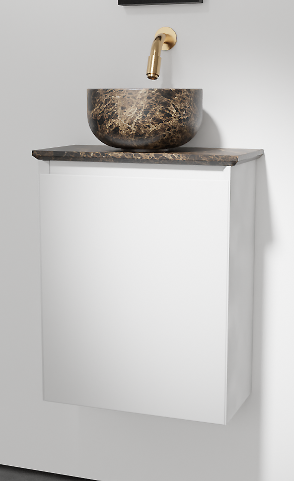 Balmani Mitra zwevend toiletmeubel 42 x 21 cm mat wit met Facetta tablet en Bowl waskom in Dark Emperador marmer