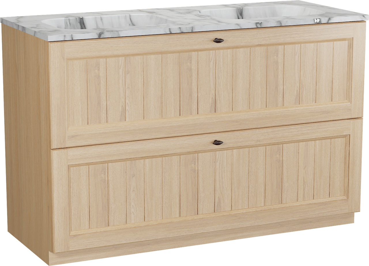 Balmani Lemon freistehendes Möbelstück Set: 135 x 55 cm, Naturbelassene Eiche Furnier, mit Tablo Arcato Doppelwaschtisch, Carrara