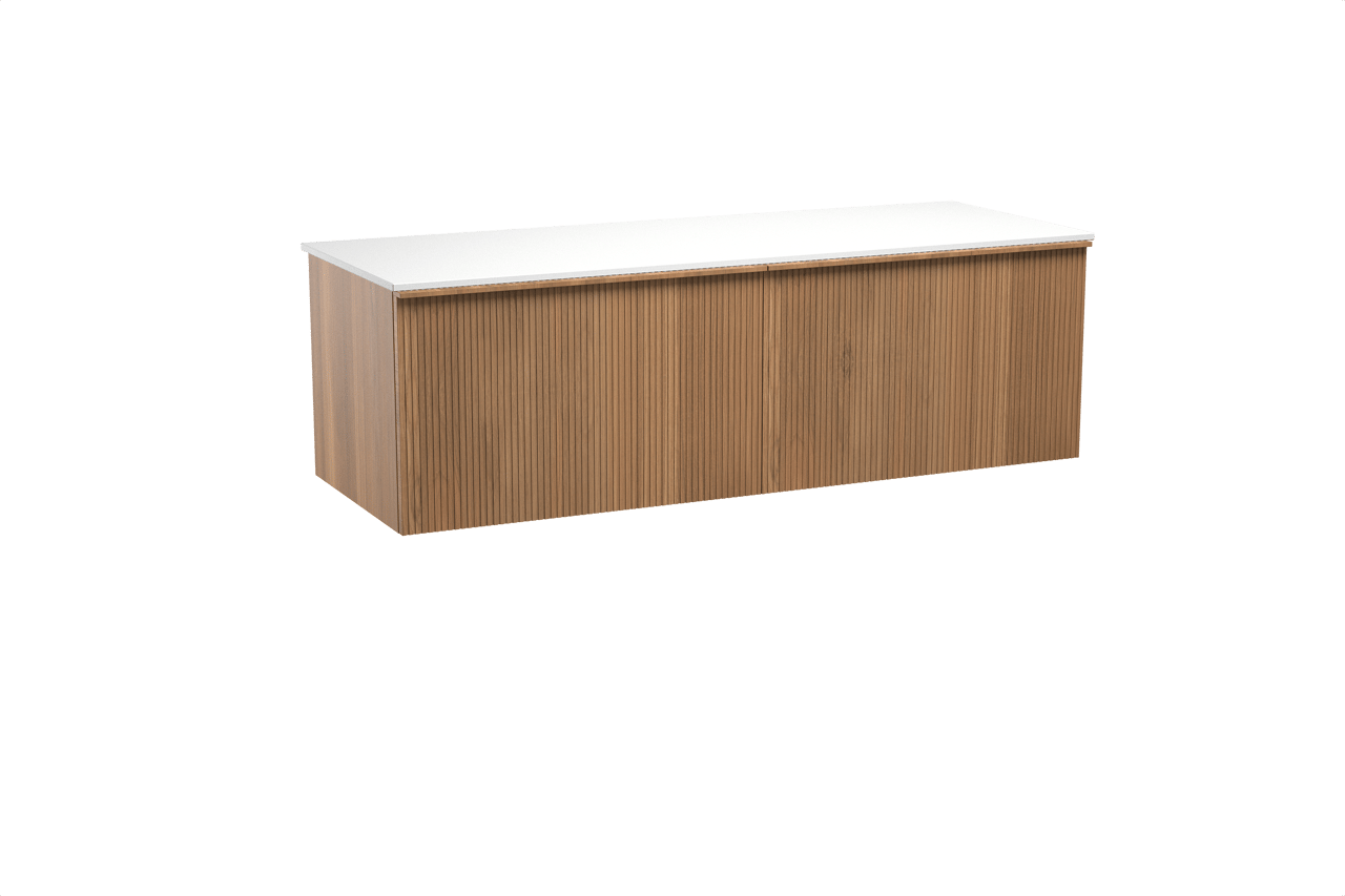 Balmani Forma meuble salle de bains suspendu 150 x 55 cm teck avec Stretto tablette simple ou double en solid surface blanc mat, Nervure droite symétrique verticale