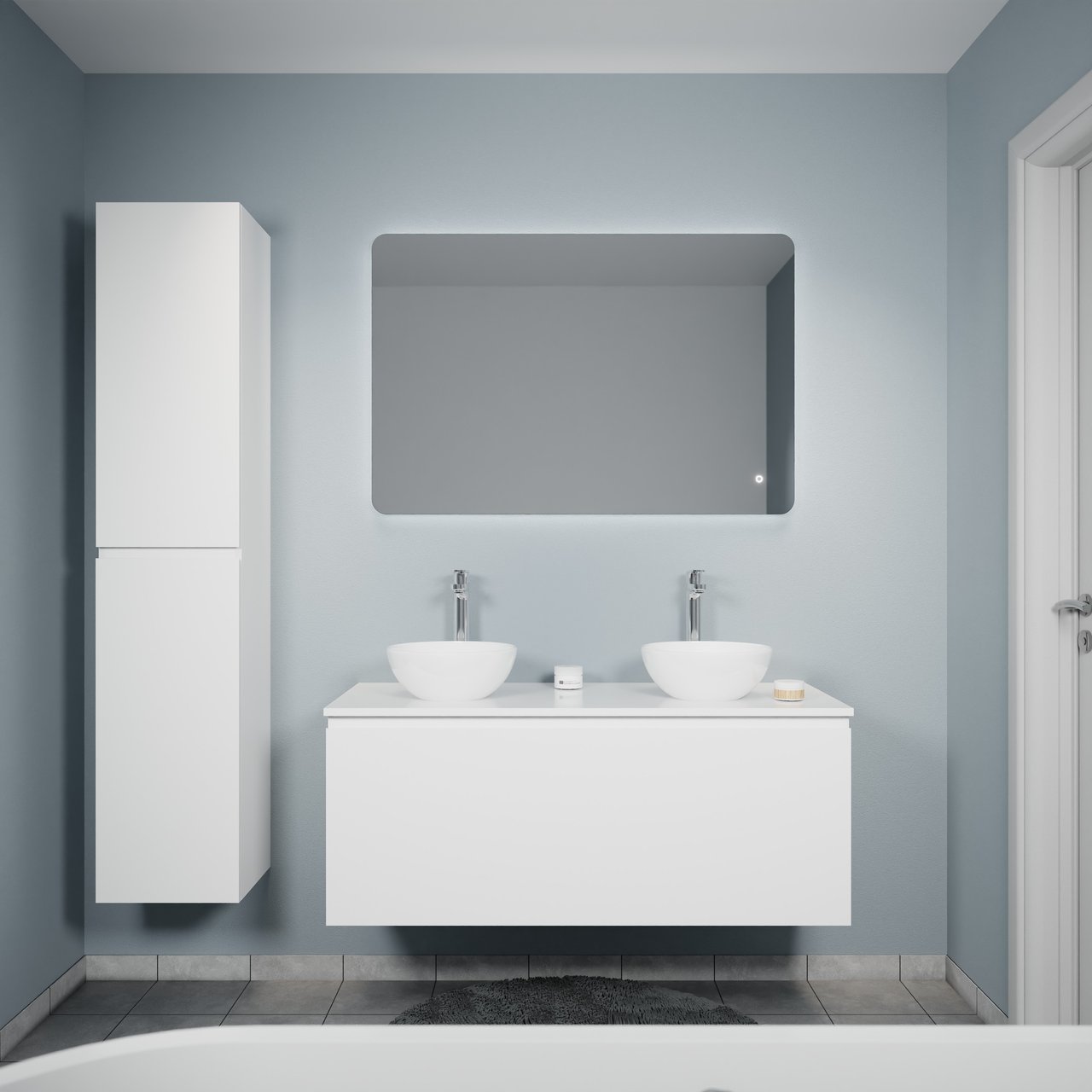 Linie Lado zwevend badkamermeubel 120 x 46 cm glanzend wit met Lado dubbel tablet in composietmarmer mat wit