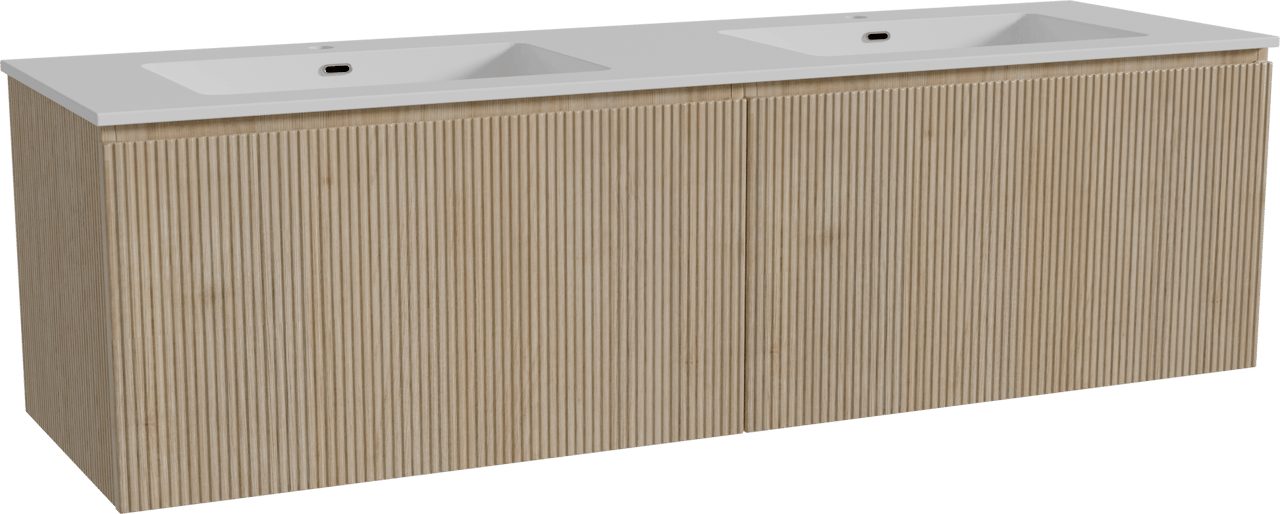 Storke Ribs meuble salle de bains suspendu 170 x 52 cm chêne brut avec Diva double vasque en marbre composite blanc brillant, Nervure droite symétrique verticale