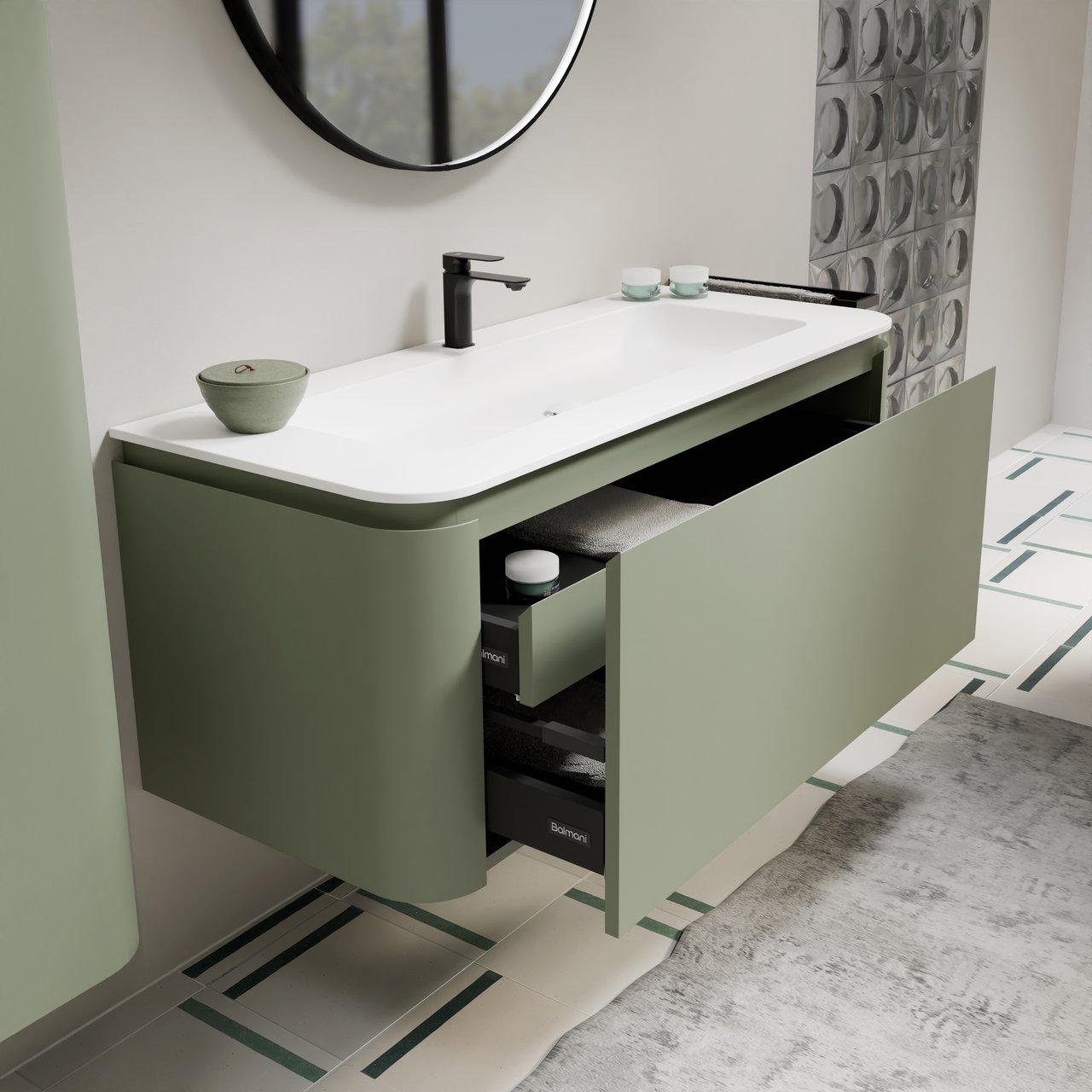 Balmani Moon zwevend badkamermeubel 130 x 55 cm saliegroen met Moon enkel of dubbel tablet in solid surface mat wit