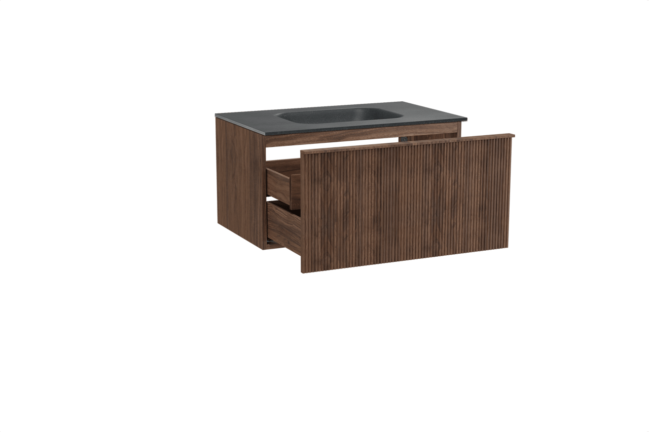 Balmani Forma meuble salle de bains suspendu 90 x 55 cm noyer américain avec Tablo Arcato plan simple en granit noir, Nervure droite symétrique verticale