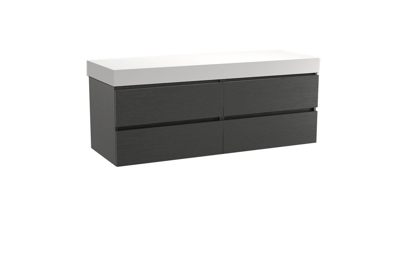 Balmani Lucida hängendes Möbelstück Set: 150 x 55 cm, Schwarze Eiche, mit Dominus Einzel- oder Doppel Waschtischplatte, Solid Surface Weiß matt