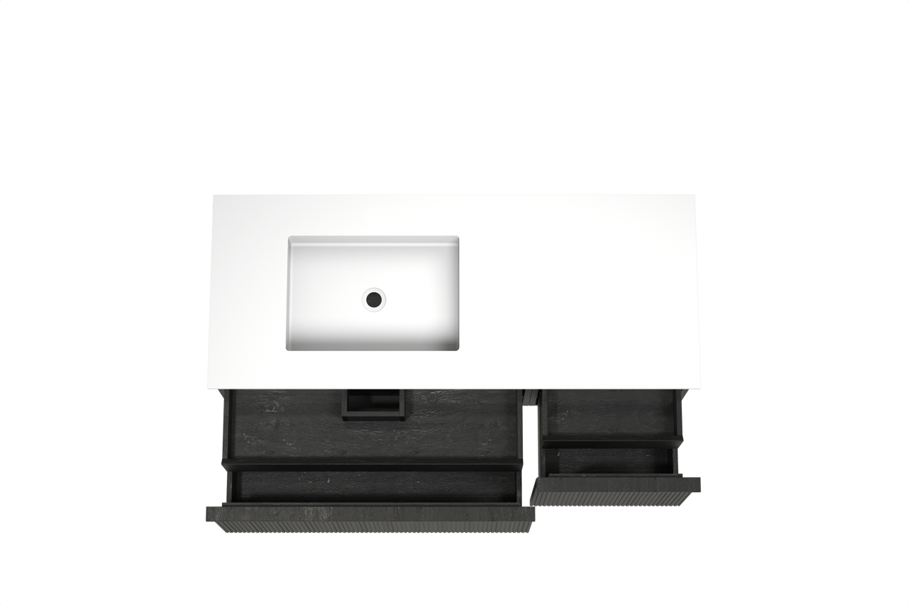 Balmani Forma hängendes Möbelstück Set: 135 x 55 cm, Schwarze Eiche, mit Tablo Stretto Waschtisch links, Solid Surface, Weiß matt, Vertikale symmetrische gerade Rippe