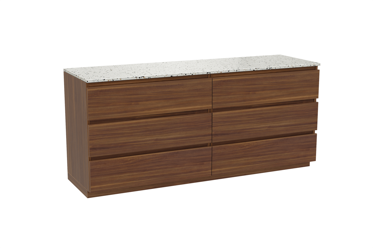 Balmani Lucida freistehendes Möbelstück Set: 180 x 55 cm, Amerikanischer Nussbaum, mit Stretto Einzel- oder Doppel Waschtischplatte, Terrazzo in Weiß/Schwarz matt