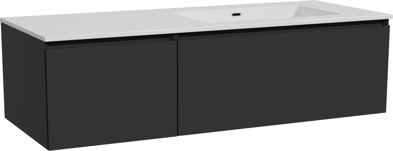 Storke Edge zwevend badmeubel 130 x 52 cm mat zwart met Diva asymmetrisch rechtse wastafel in composietmarmer hoogglans wit