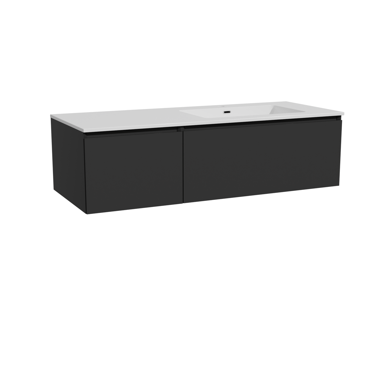 Storke Edge zwevend badkamermeubel 130 x 52 cm mat zwart met Diva asymmetrisch rechtse wastafel in composietmarmer glanzend wit