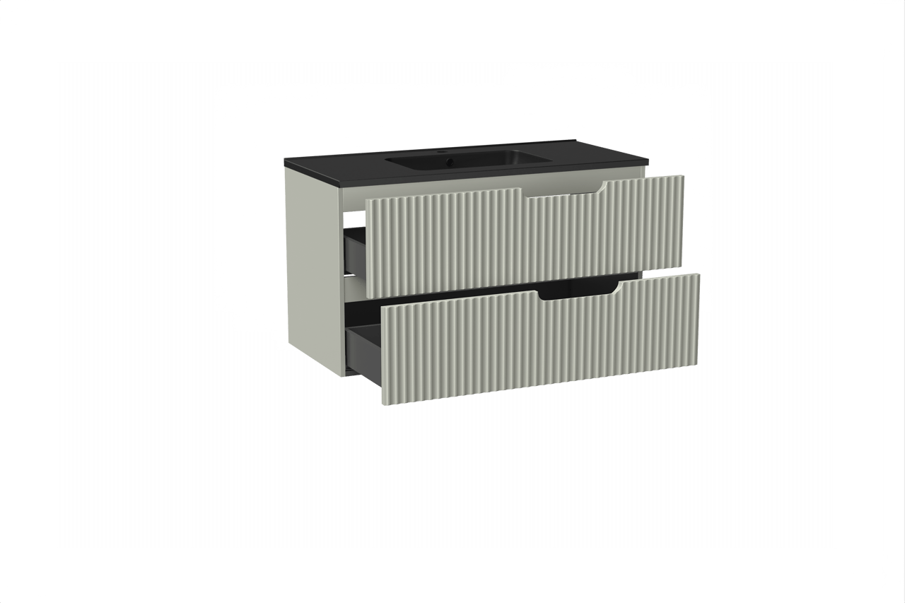 Linie Ribbo hängendes Möbelstück Set: 100 x 46 cm, Greige, mit Vano Einzelwaschtisch, Marmorkomposit, Schwarz matt, Vertikale symmetrische runde Rippe