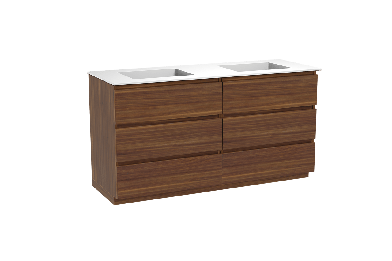 Balmani Lucida staand badkamermeubel 150 x 55 cm amerikaanse notelaar met Tablo Stretto dubbele wastafel in solid surface mat wit