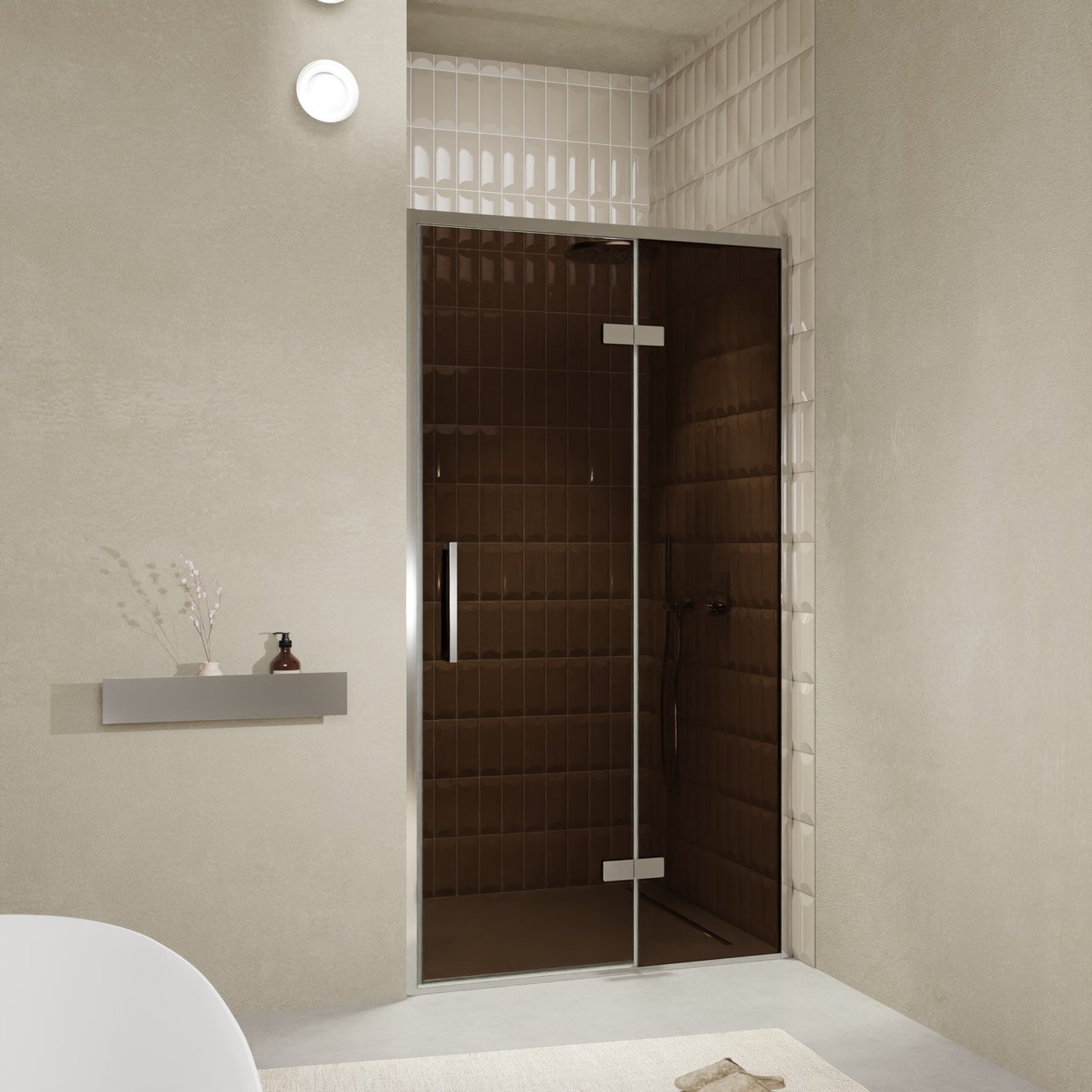 Balmani Senses Design douche draaideur rechts 120 cm x 210 cm Brons glas, Chroom profielen