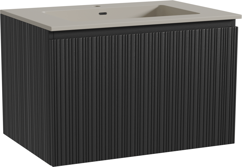 Storke Ribs zwevend badmeubel 75 x 52 cm zwart eiken met Diva enkele wastafel in top solid zijdegrijs, Verticale asymmetrische rechte ribbel