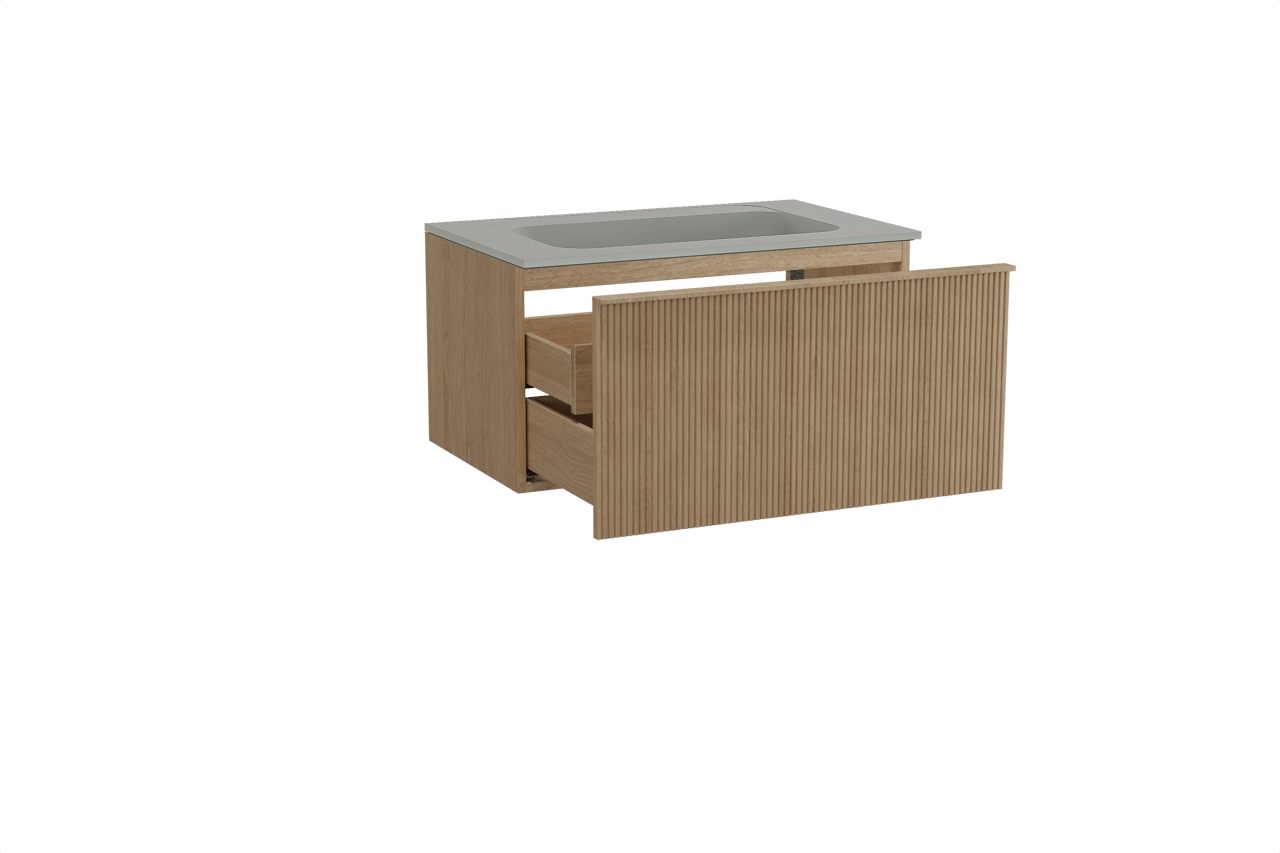 Balmani Forma zwevend badkamermeubel 90 x 55 cm natuur eik met Tablo Strada enkele wastafel in composietmarmer zijdegrijs, Verticale symmetrische rechte ribbel