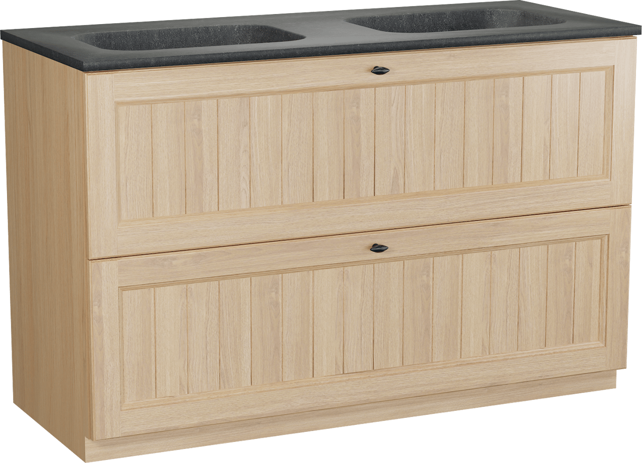 Balmani Lemon staand badkamermeubel 135 x 55 cm, fineer natuur eik met Tablo Arcato dubbele wastafel in graniet zwart