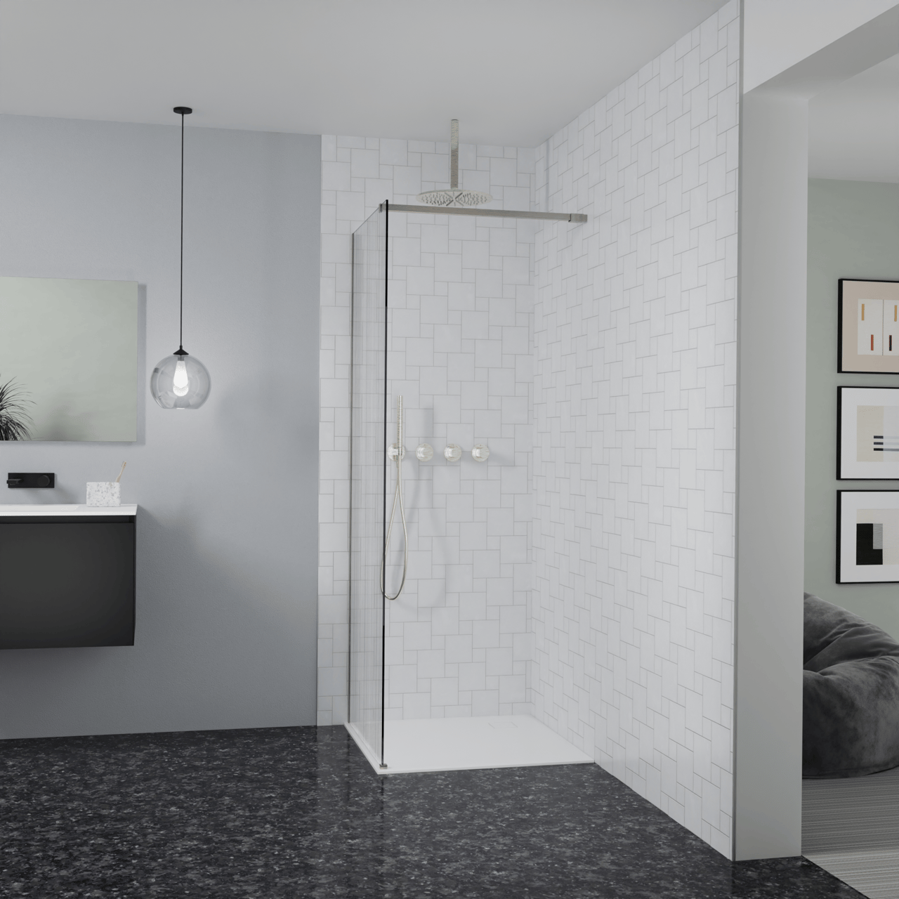 Balmani Modular Walk-In Dusche: 80 x 200 cm, Mikado, inklusive Coating, Profil Brushed CoolMetal