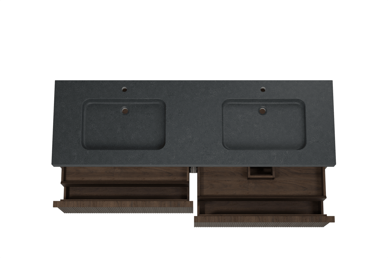 Balmani Forma hängendes Möbelstück Set: 180 x 55 cm, Geräucherte Eiche, mit Napoli Doppelwaschtisch, Granit, Schwarzes Granit, Vertikale symmetrische gerade Rippe