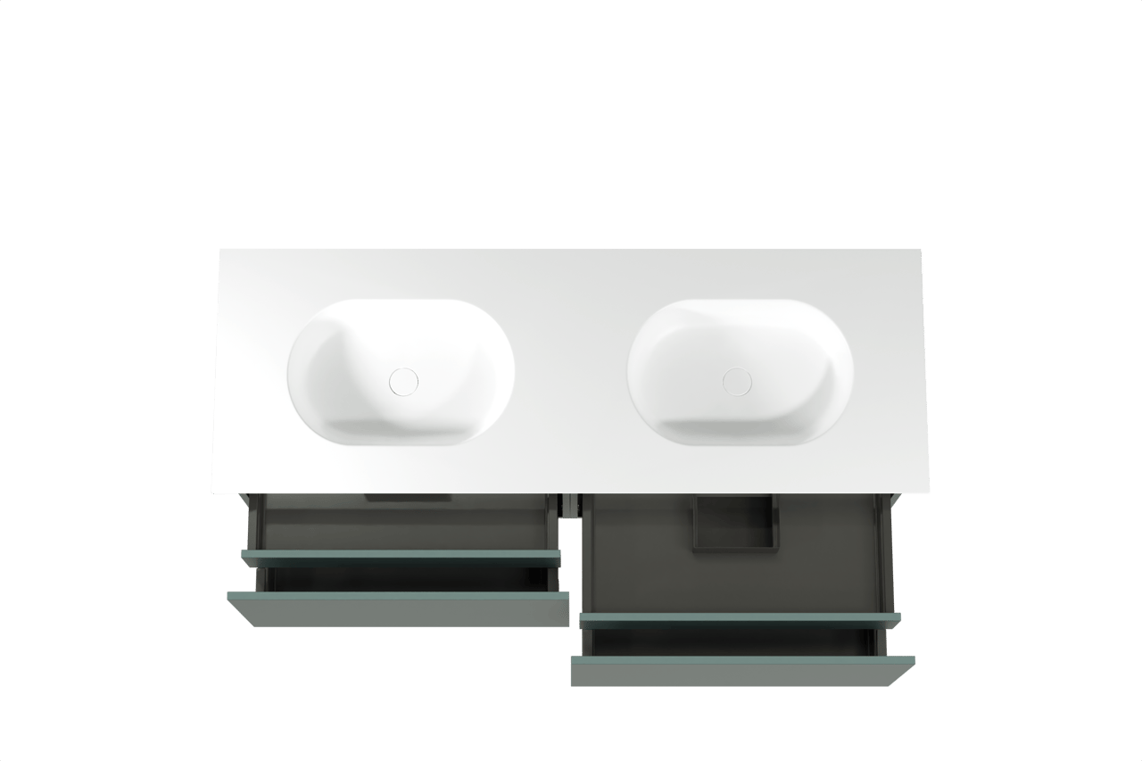 Balmani Sfera zwevend badkamermeubel 150 x 55 cm forest met Tablo Oval dubbele wastafel in solid surface mat wit