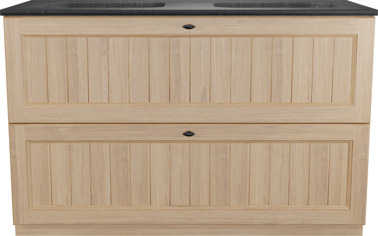 Balmani Lemon staand badkamermeubel 135 x 55 cm, fineer natuur eik met Tablo Arcato dubbele wastafel in graniet zwart