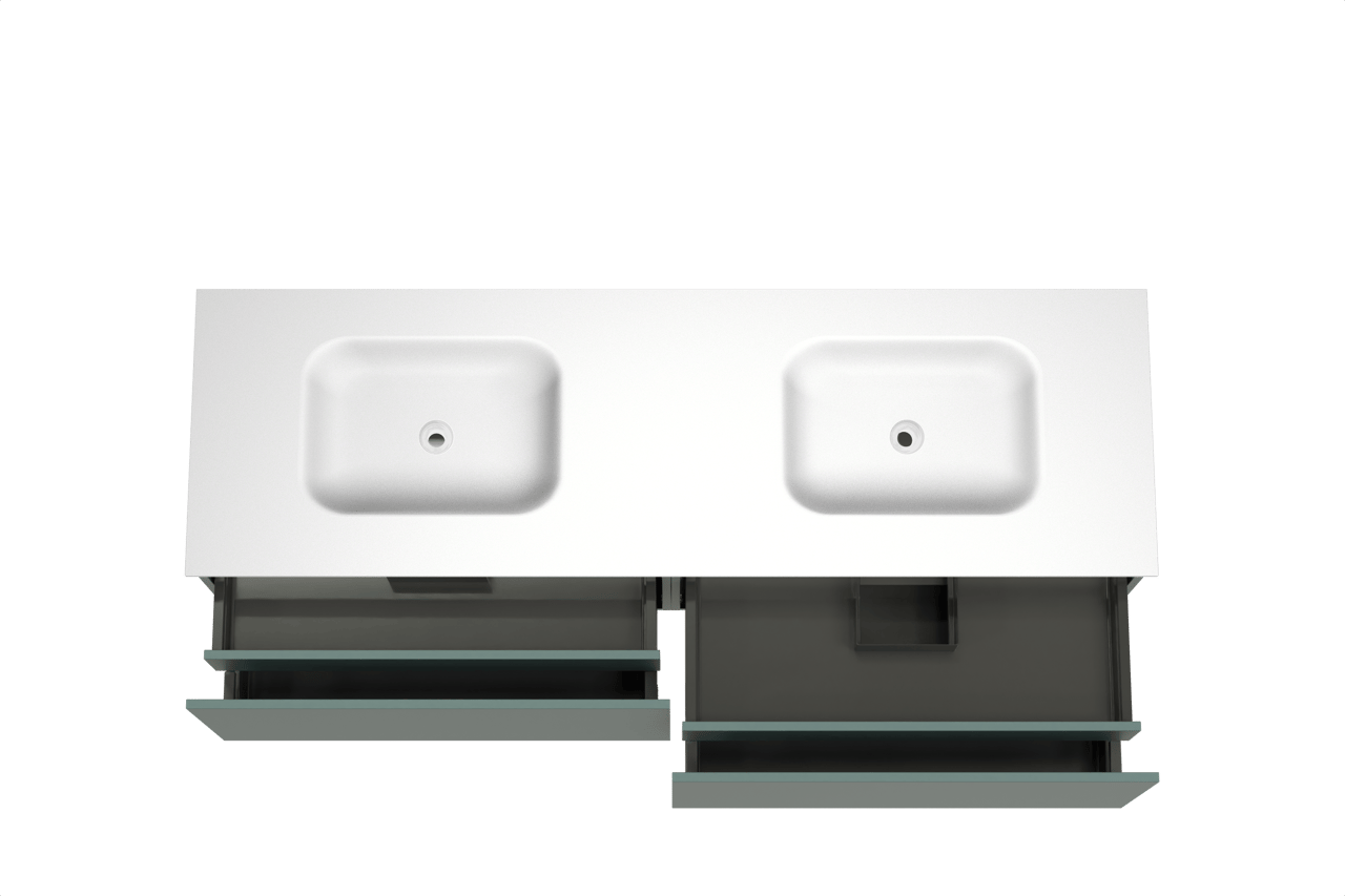 Balmani Sfera zwevend badkamermeubel 180 x 55 cm forest met Tablo Arcato dubbele wastafel in solid surface mat wit