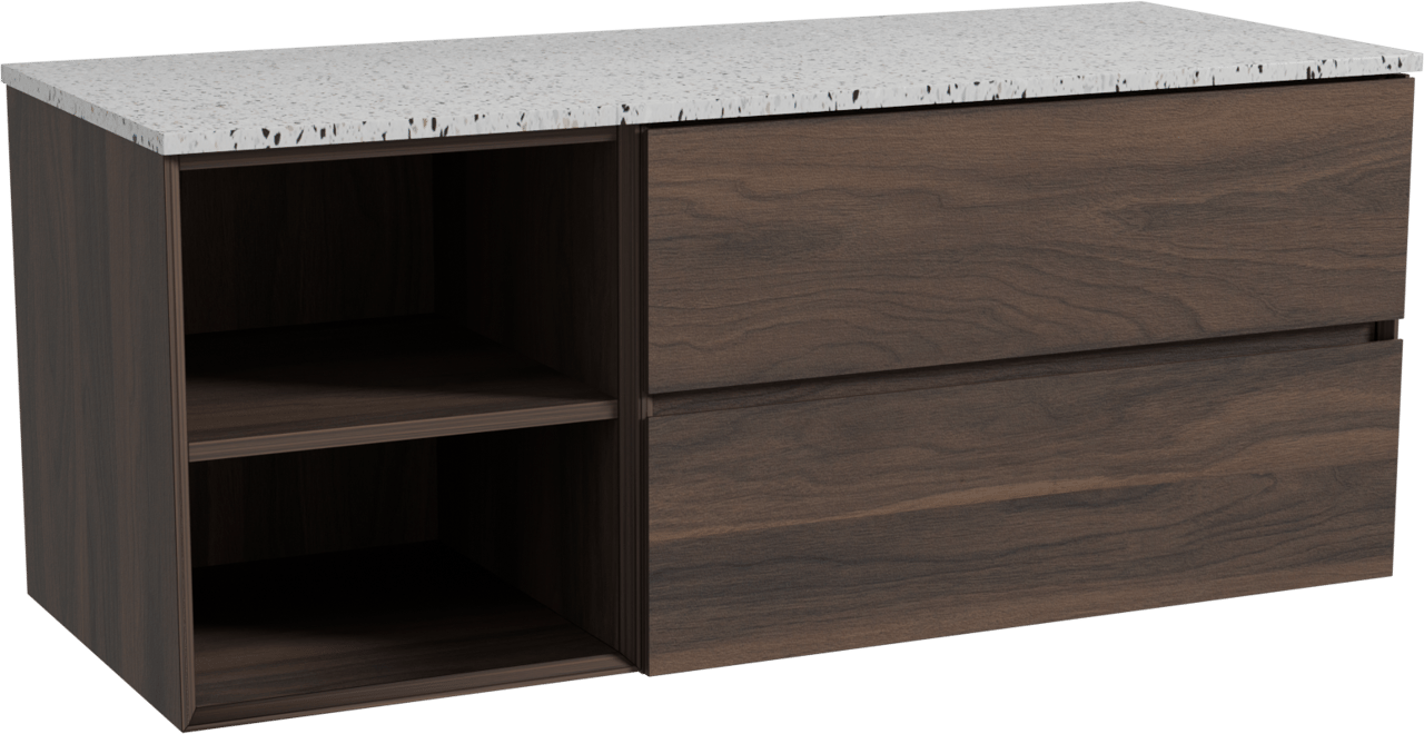 Storke Edge meuble salle de bains suspendu 130 x 52 cm noyer avec Tavola tablette simple ou double en blanc/noir mat terrazzo