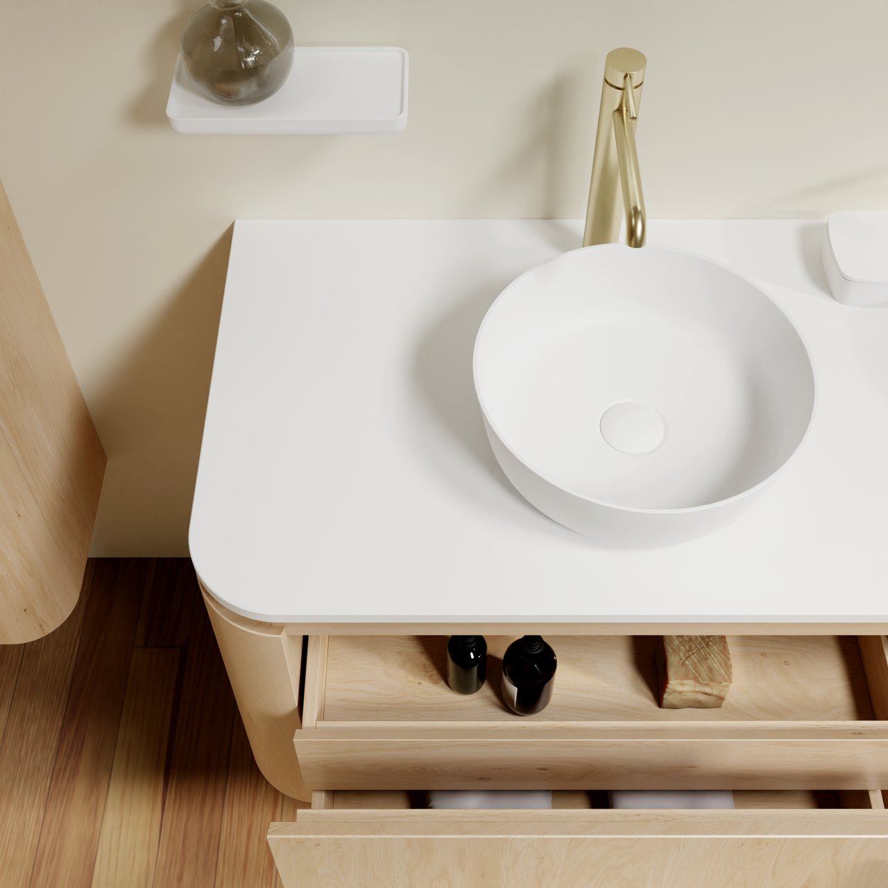 Balmani Moon zwevend badkamermeubel 160 x 55 cm natuur eik met Moon enkel of dubbel tablet in solid surface mat wit