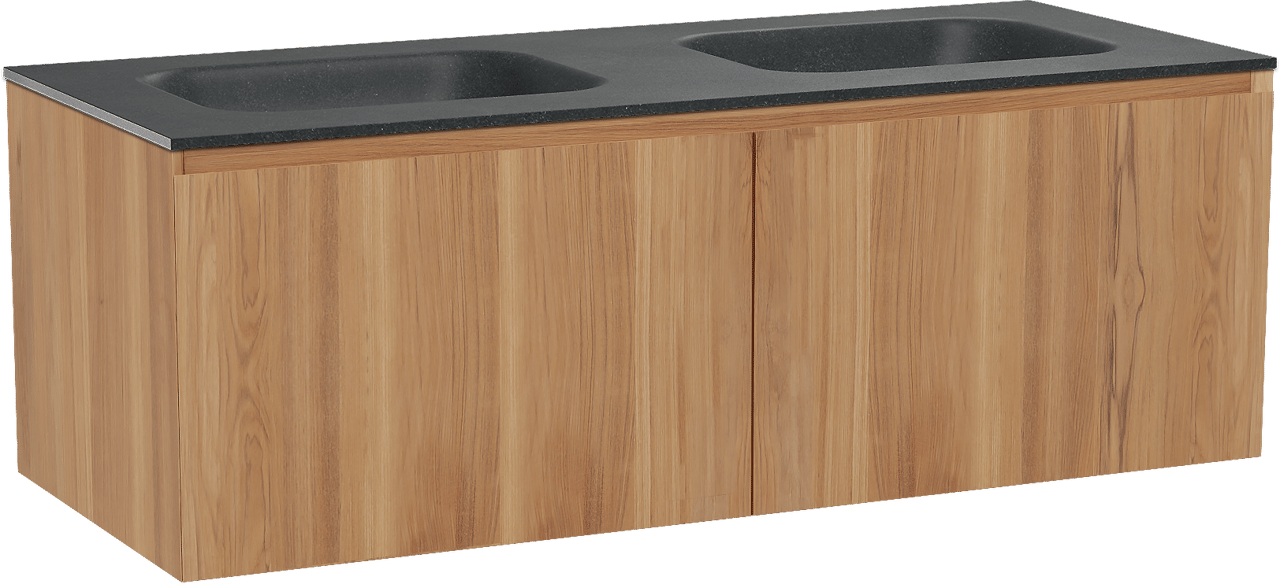 Balmani Idra meuble salle de bains suspendu 135 x 55 cm teck avec Tablo Arcato double vasque en granit noir