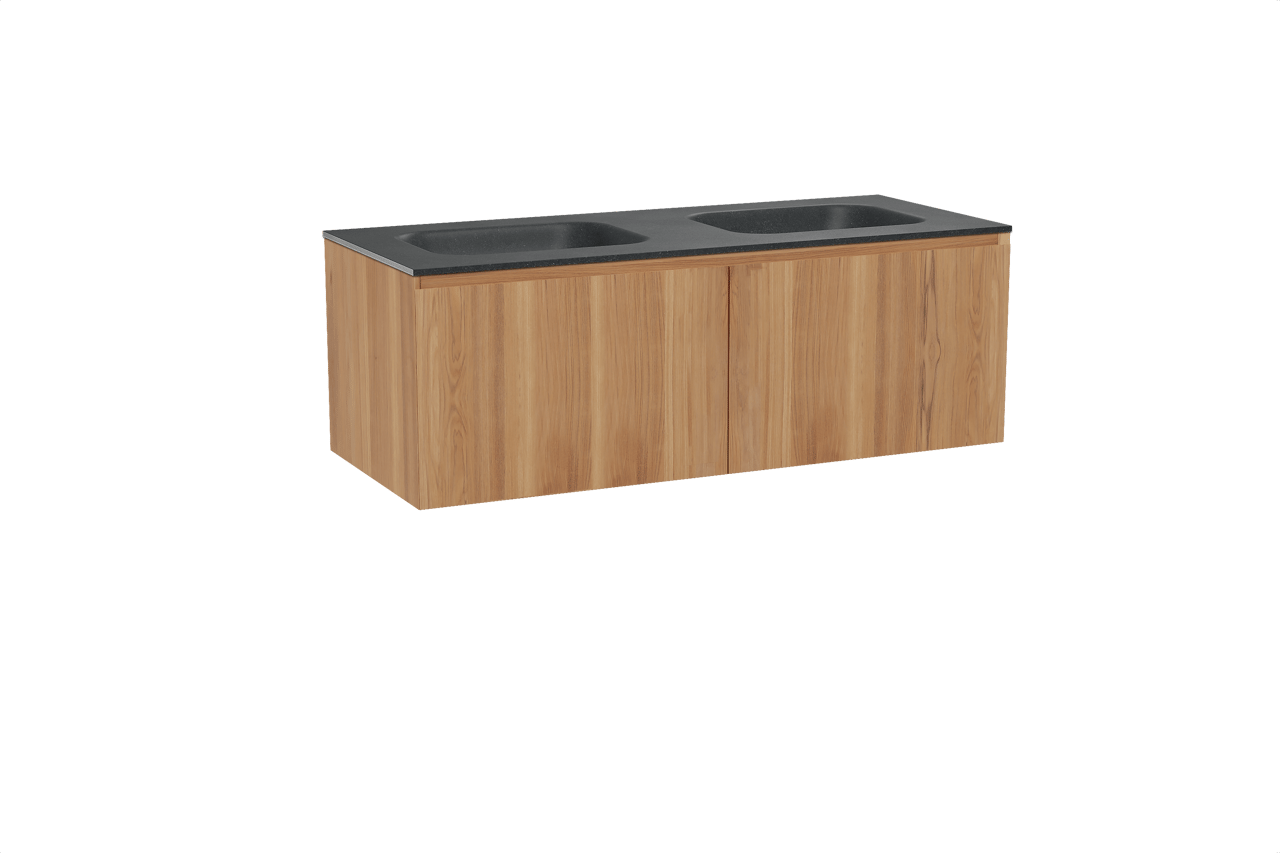 Balmani Idra hängendes Möbelstück Set: 135 x 55 cm, Teak, mit Tablo Arcato Doppelwaschtisch, Schwarzes Granit