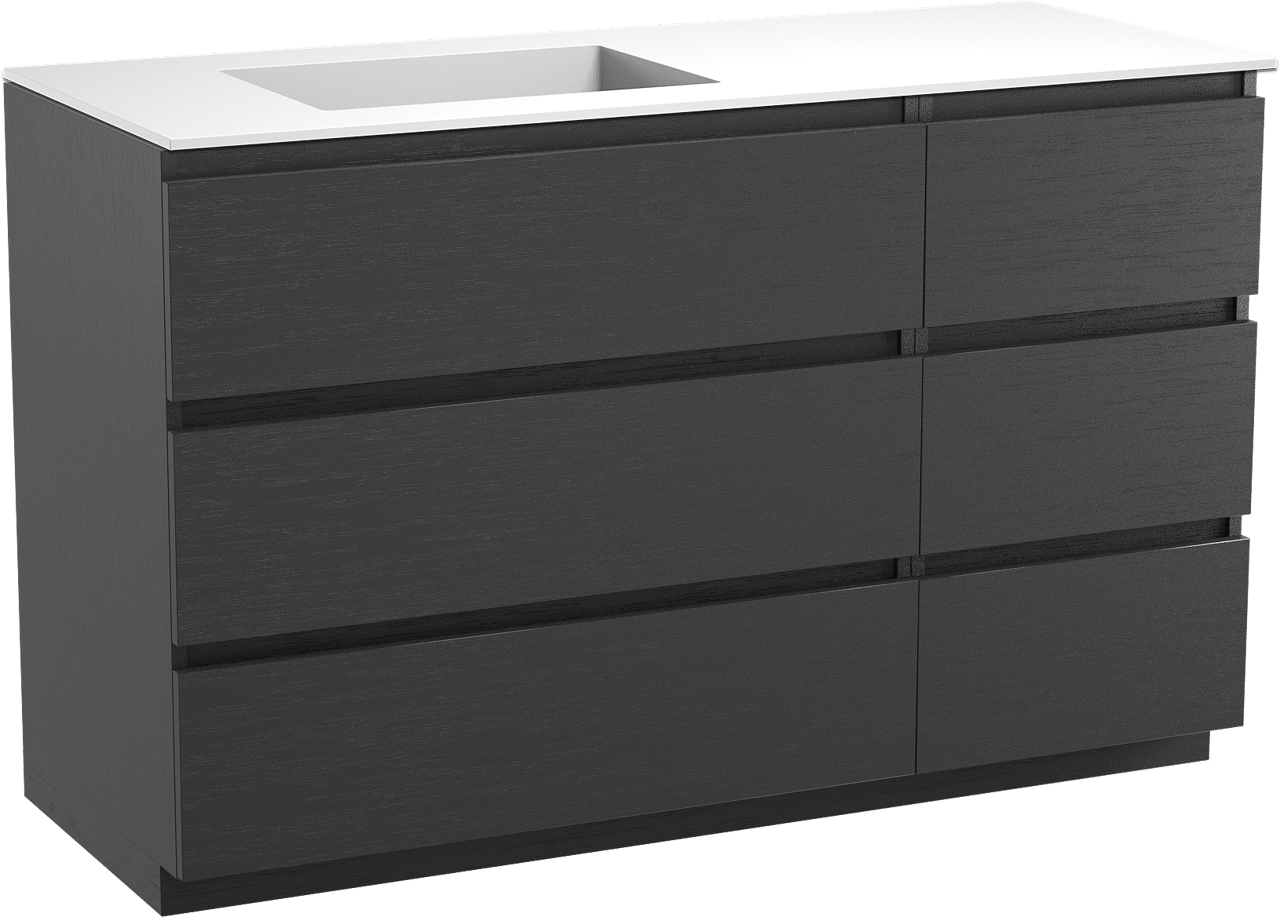 Balmani Lucida staand badmeubel 135 x 55 cm zwart eiken met Tablo Stretto asymmetrisch linkse wastafel in solid surface mat wit