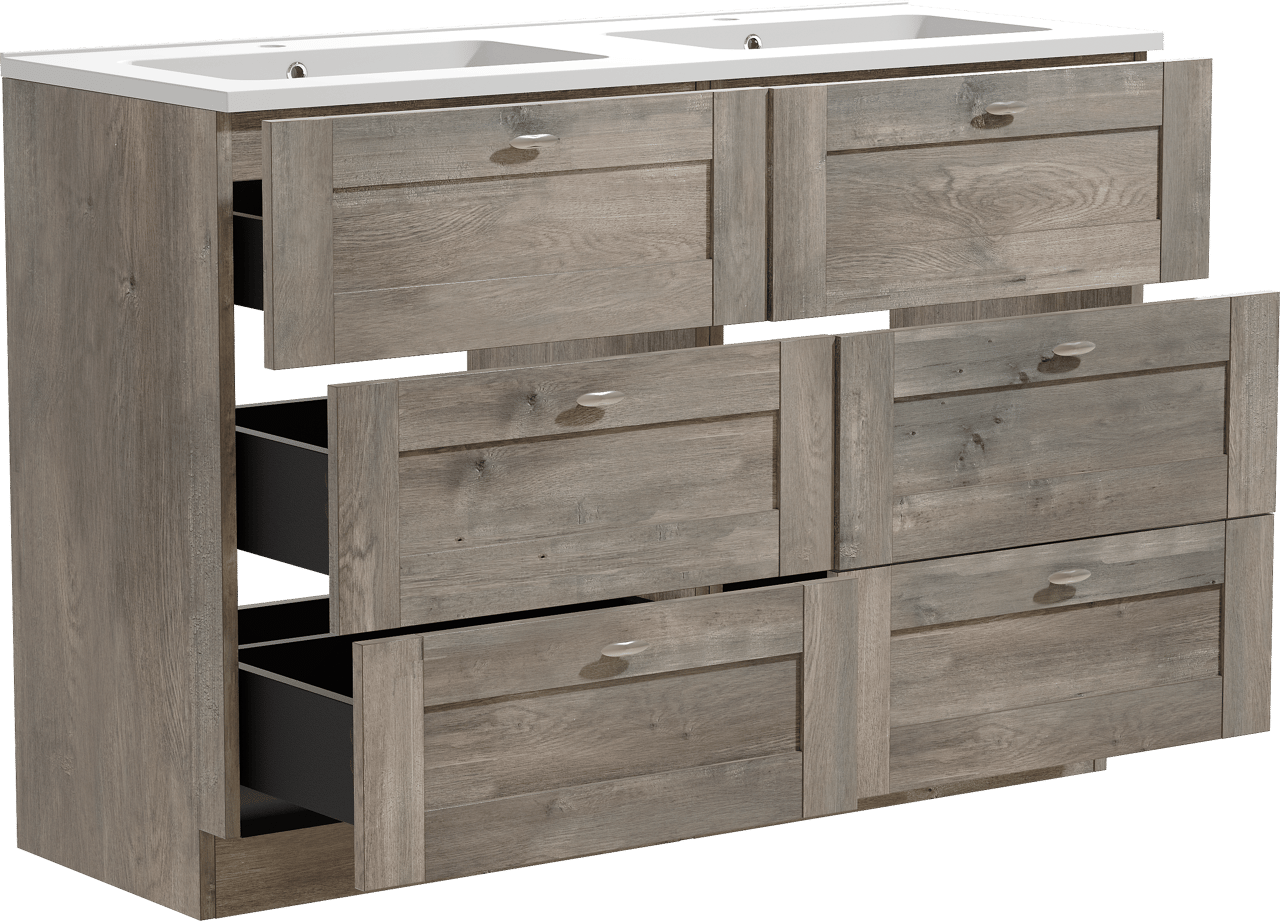 Linie Classo staand badkamermeubel 120 x 46 cm grijze eik met Vano dubbele wastafel in composietmarmer mat wit