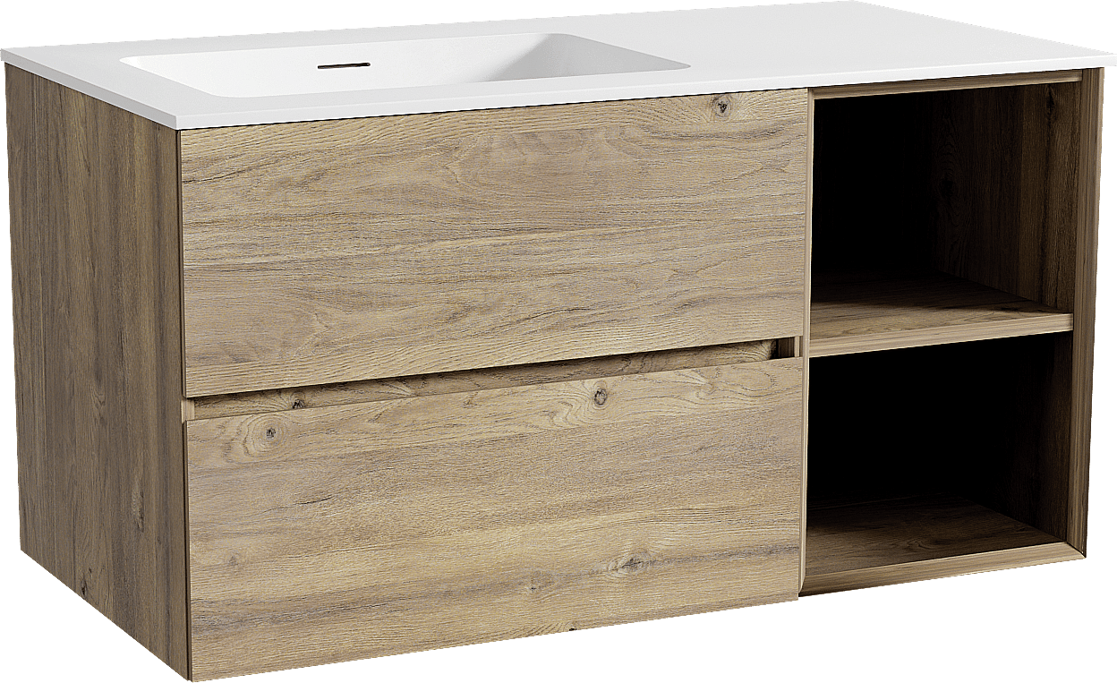 Storke Edge hängendes Möbelstück Set: 100 x 52 cm, Rohe Eiche, mit Mata Waschtisch links, Solid Surface Weiß matt