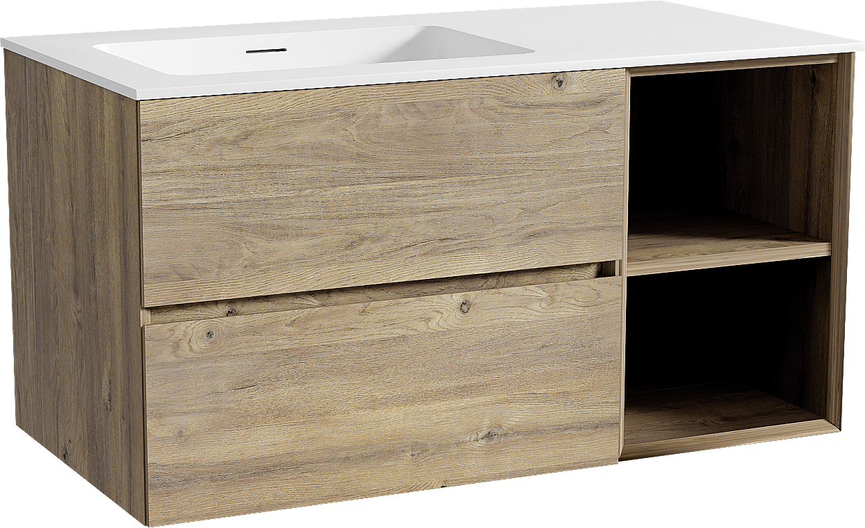 Storke Edge meuble salle de bains suspendu 100 x 52 cm chêne brut avec Mata plan vasque asymétrique à gauche en solid surface blanc mat