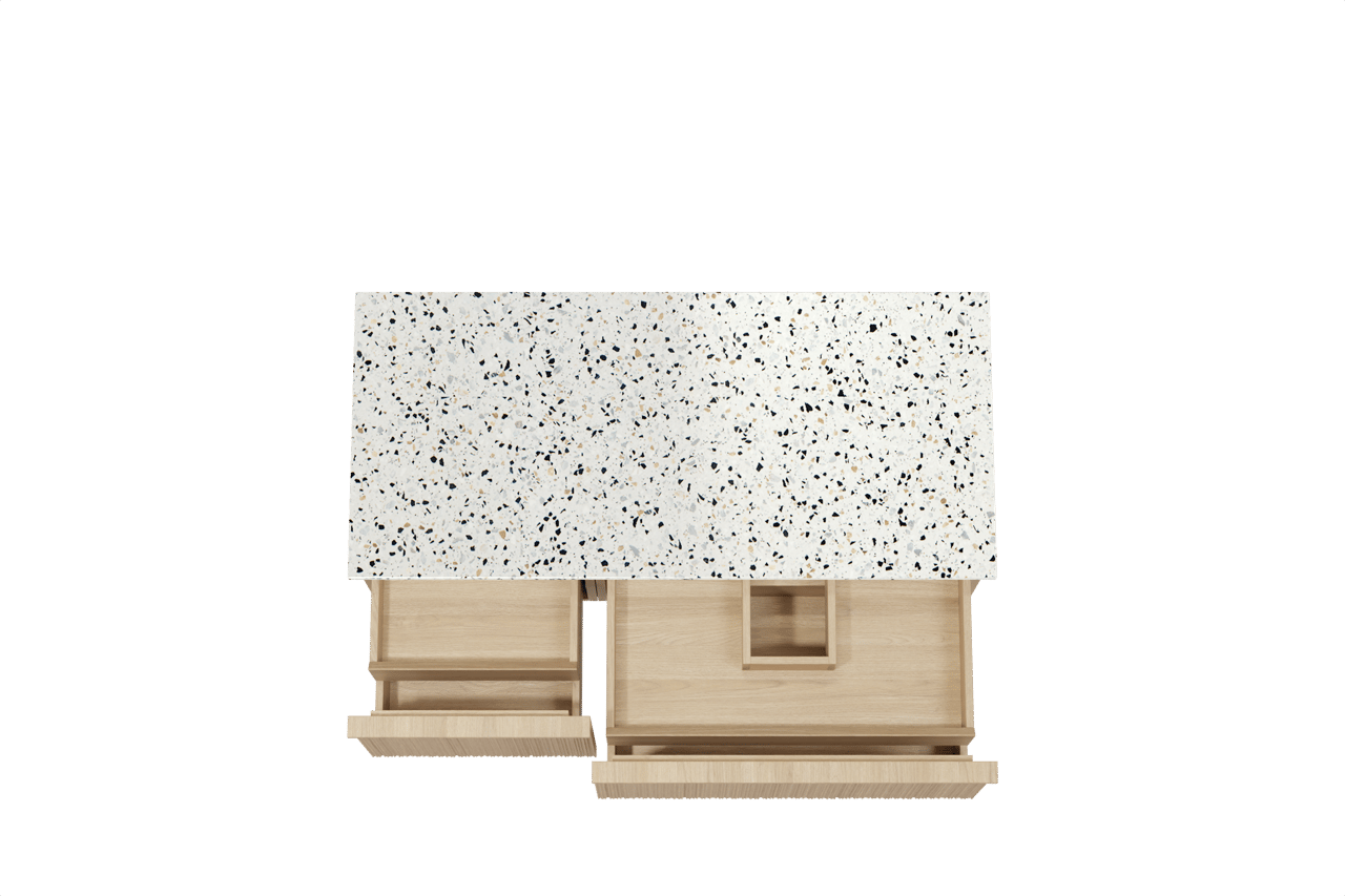 Balmani Forma meuble salle de bains suspendu 120 x 55 cm chêne naturel avec Stretto tablette simple ou double en blanc/noir mat terrazzo, Nervure circulaire asymétrique verticale