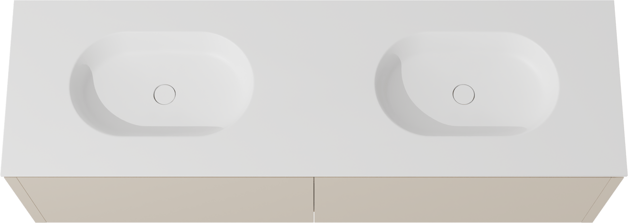 Balmani Eclips meuble salle de bains suspendu 180 x 55 cm Sandbeige avec Tablo Oval double vasque en Solid Surface blanc mat