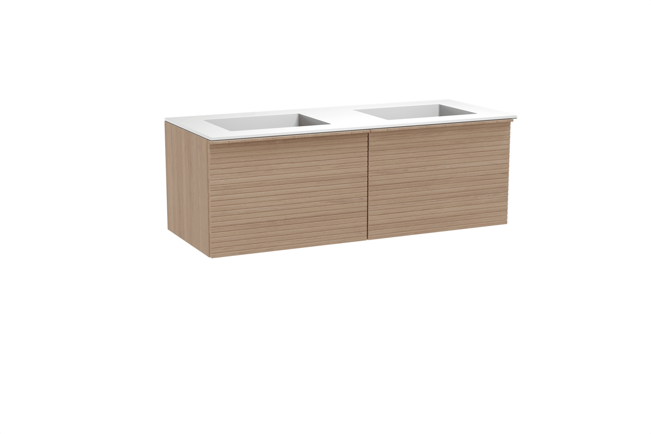 Balmani Forma meuble salle de bains suspendu 135 x 55 cm chêne naturel avec Tablo Stretto double vasque en solid surface blanc mat, Nervure droite symétrique horizontale