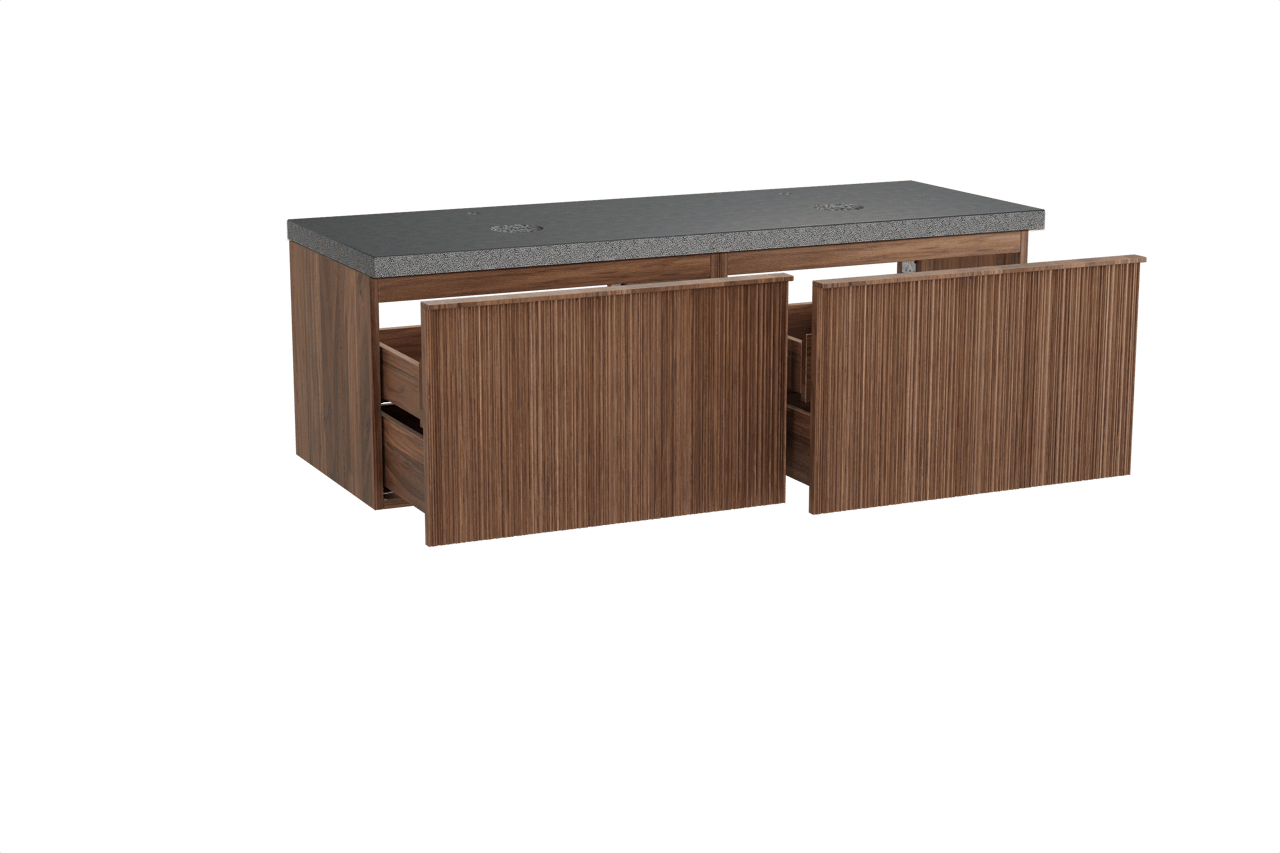 Balmani Forma meuble salle de bains suspendu 150 x 55 cm noyer américain avec Rock tablette double en granit noir, Nervure circulaire asymétrique verticale