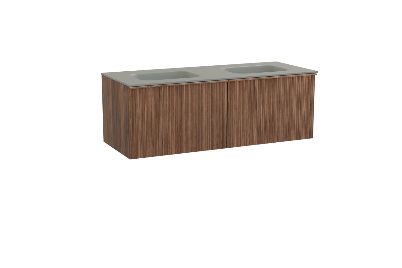 Balmani Forma hängendes Möbelstück Set: 135 x 55 cm, Amerikanischer Nussbaum, mit Tablo Arcato Doppelwaschtisch, Solid Surface, Steingrau, Vertikale asymmetrische Runde Rippe