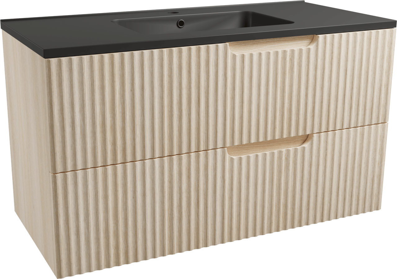 Linie Ribbo zwevend badmeubel 100 x 46 cm licht eiken met Vano enkele wastafel in composietmarmer mat zwart, Verticale symmetrische ronde ribbel