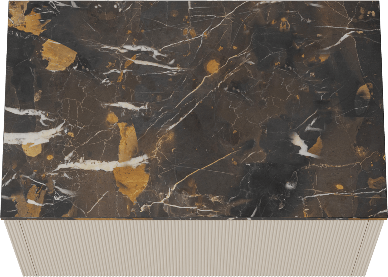 Balmani Eclips zwevend badkamermeubel 90 x 55 cm Sandbeige met Stretto enkel tablet in Portoro Gold marmer, Verticale symmetrische rechte ribbel