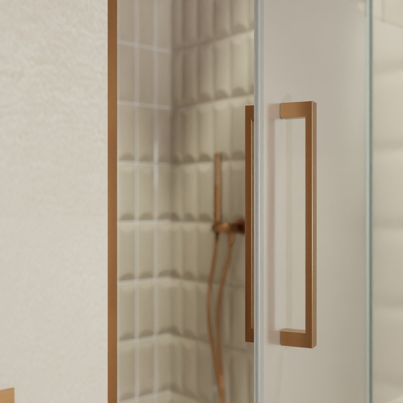 Balmani Senses Design Dusche Drehtür, Rechts, 100 cm x 210 cm, Klarglas mit mattiertem Streifen, Profil Brushed Rosegold