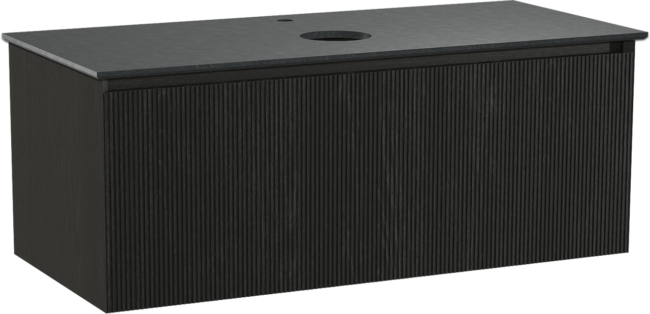 Balmani Fila zwevend badmeubel 120 x 55 cm zwart eiken met Facetta enkel wastafelblad in zwart graniet, Verticale symmetrische rechte ribbel