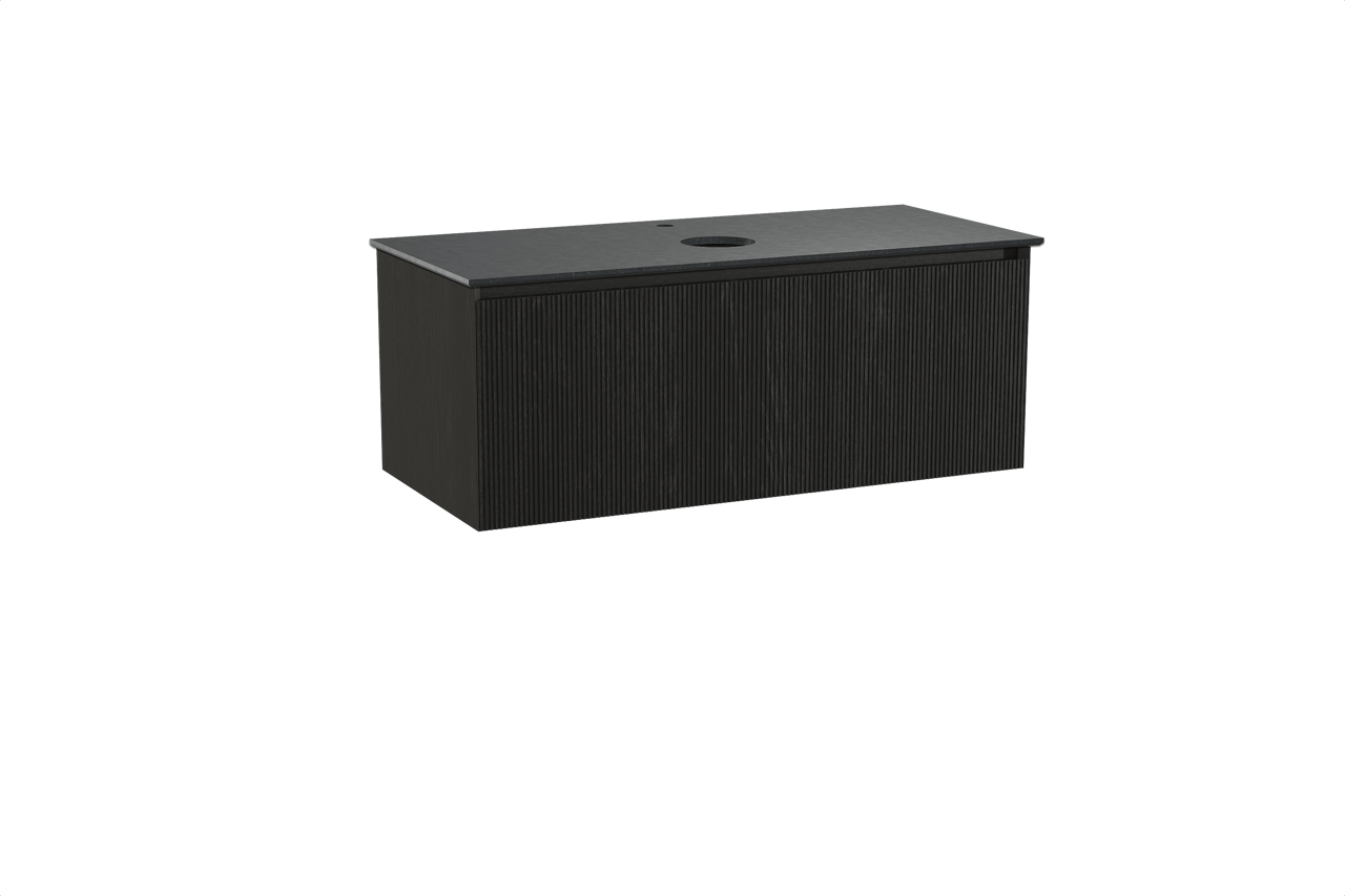 Balmani Fila meuble salle de bains suspendu 120 x 55 cm chêne noir avec Facetta tablette simple en granit noir, Nervure droite symétrique verticale