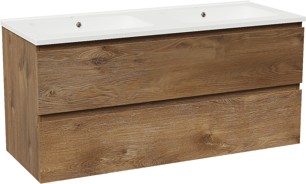 Linie Lado meuble salle de bains suspendu 120 x 46 cm chêne brun avec Vano double vasque en marbre composite blanc brillant