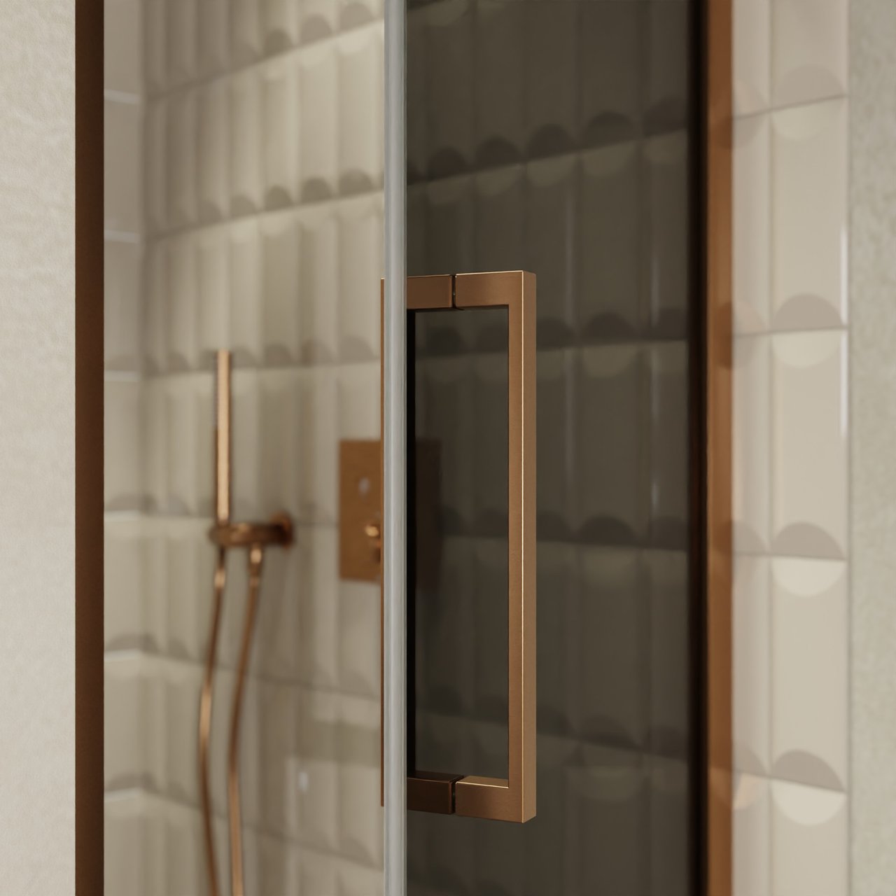 Balmani Senses Design porte pivotante à droite 90 cm x 210 cm verre fumé, Profil Brushed Rosegold, coating inclus