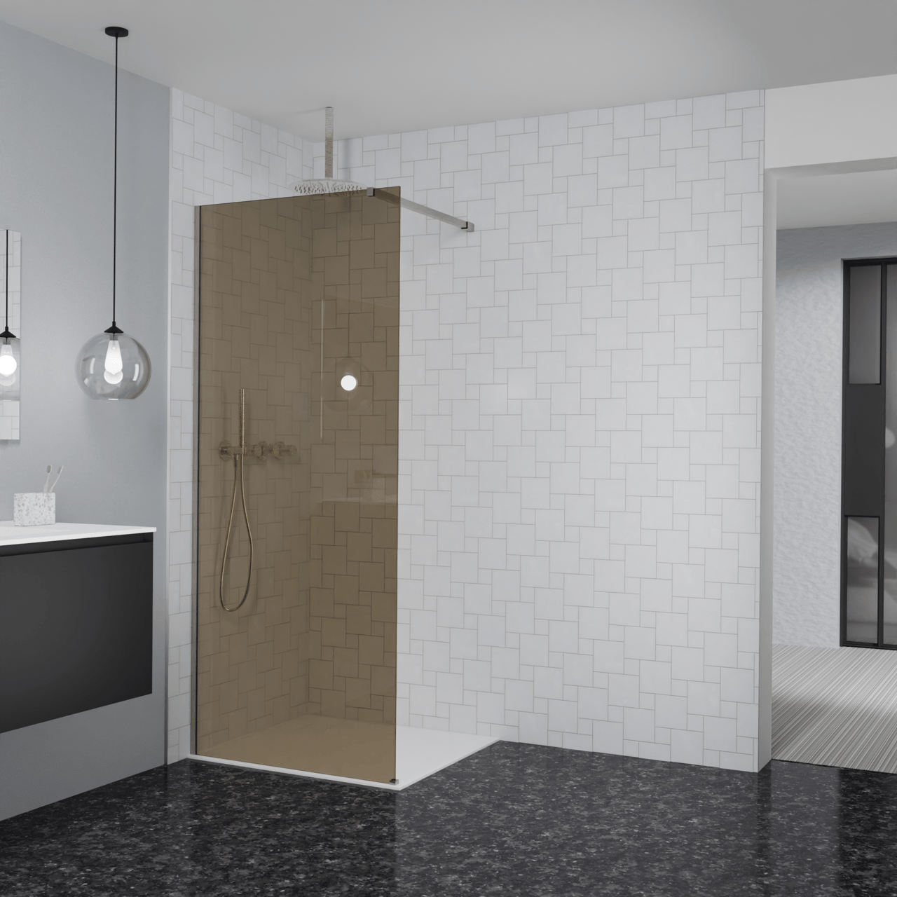 Balmani Modular douche à l'italienne: 90 x 200 cm, Verre bronze, avec coating, Profil Brushed CoolMetal