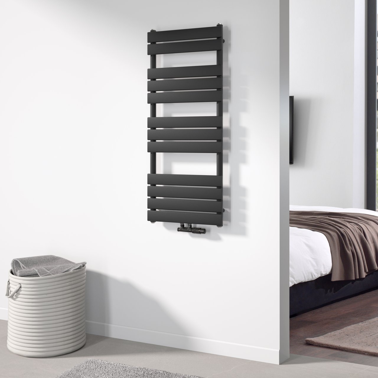 ENKEL VOOR DUITSE MARKT - Vipera Vulcan enkele handdoekradiator 50 x 120 cm elektrische verwarming mat zwart zij- en middenaansluiting 673W, weerstand inbegrepen