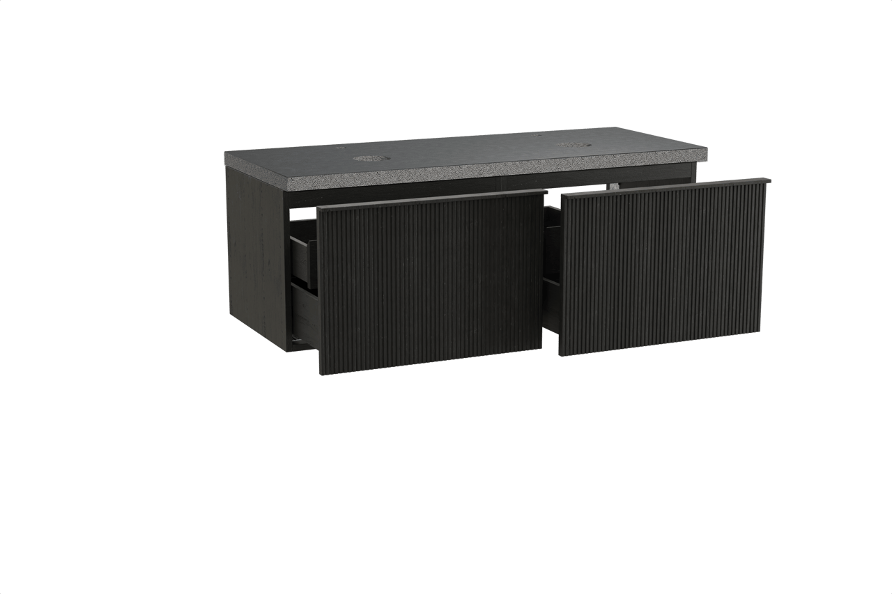 Balmani Forma zwevend badkamermeubel 135 x 55 cm zwarte eik met Rock dubbel tablet in graniet zwart, Verticale symmetrische rechte ribbel