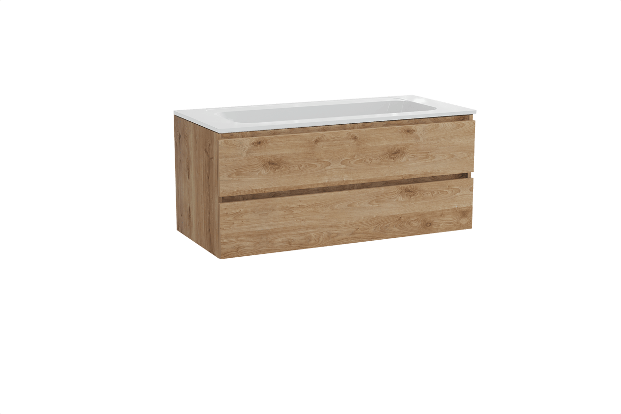 Balmani Lucida hängendes Möbelstück Set: 120 x 55 cm, Rohe Eiche, mit Tablo Strada Einzelwaschtisch, Marmorkomposit Weiß glänzend