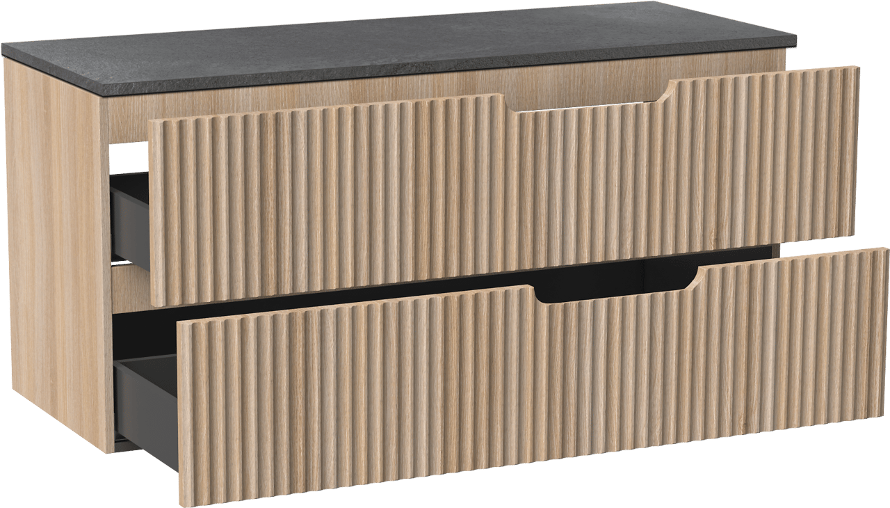 Linie Ribbo meuble salle de bains suspendu 120 x 46 cm chêne clair avec Lado tablette simple ou double en mélaminé ardoise gris, Nervure circulaire symétrique verticale