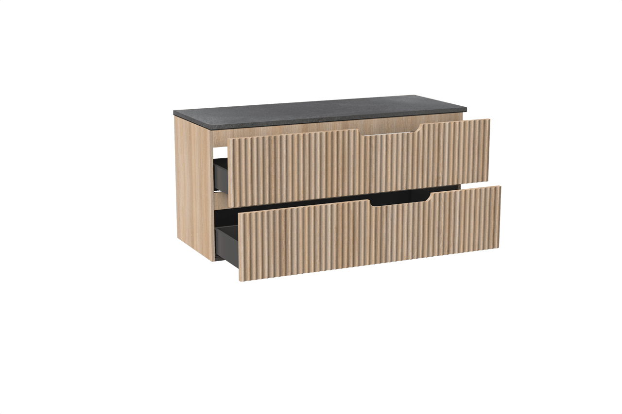 Linie Ribbo hängendes Möbelstück Set: 120 x 46 cm, Helle Eiche, mit Lado Einzel- oder Doppel Waschtischplatte, Melamin, Schiefergrau, Vertikale symmetrische runde Rippe